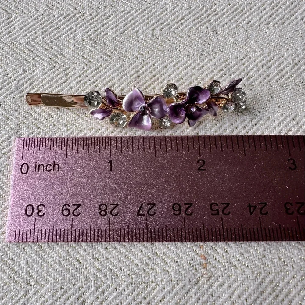 Purple Floral Romantic Gold Hair Pin w/ Crystal Rhinestones & Enamel - Picture 4 of 5